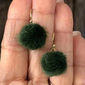 Dark Green Fuzzy Furry Pom Pom Drop Earrings NWT